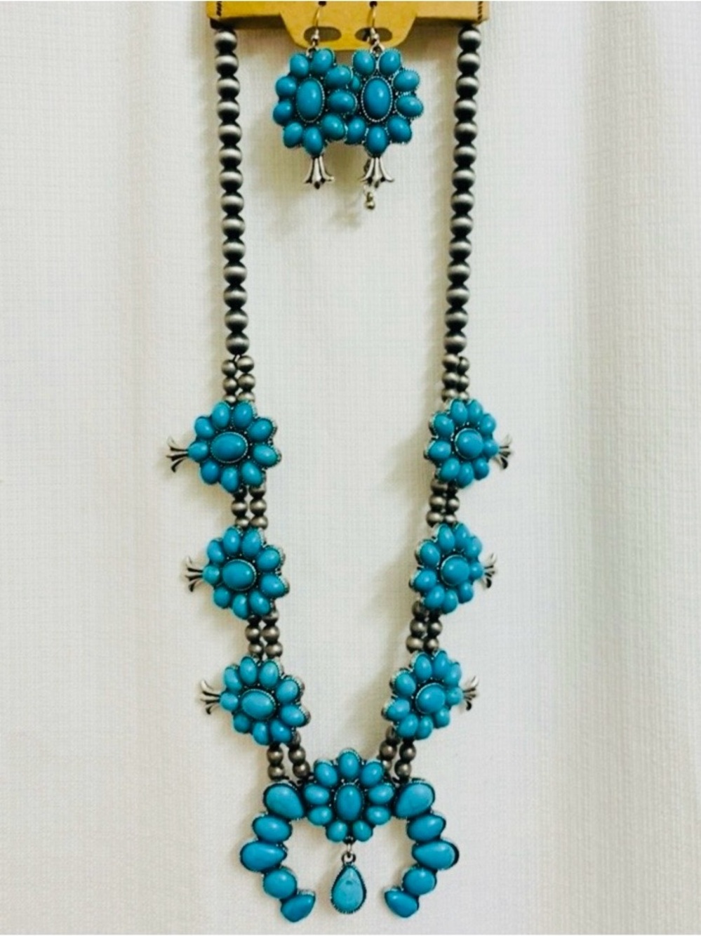 Squash Blossom Necklace and Earring Set in Turquoise